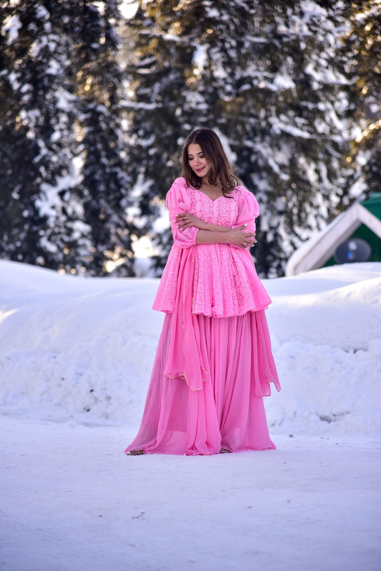 pink chikankari embroidered kurta sharara set