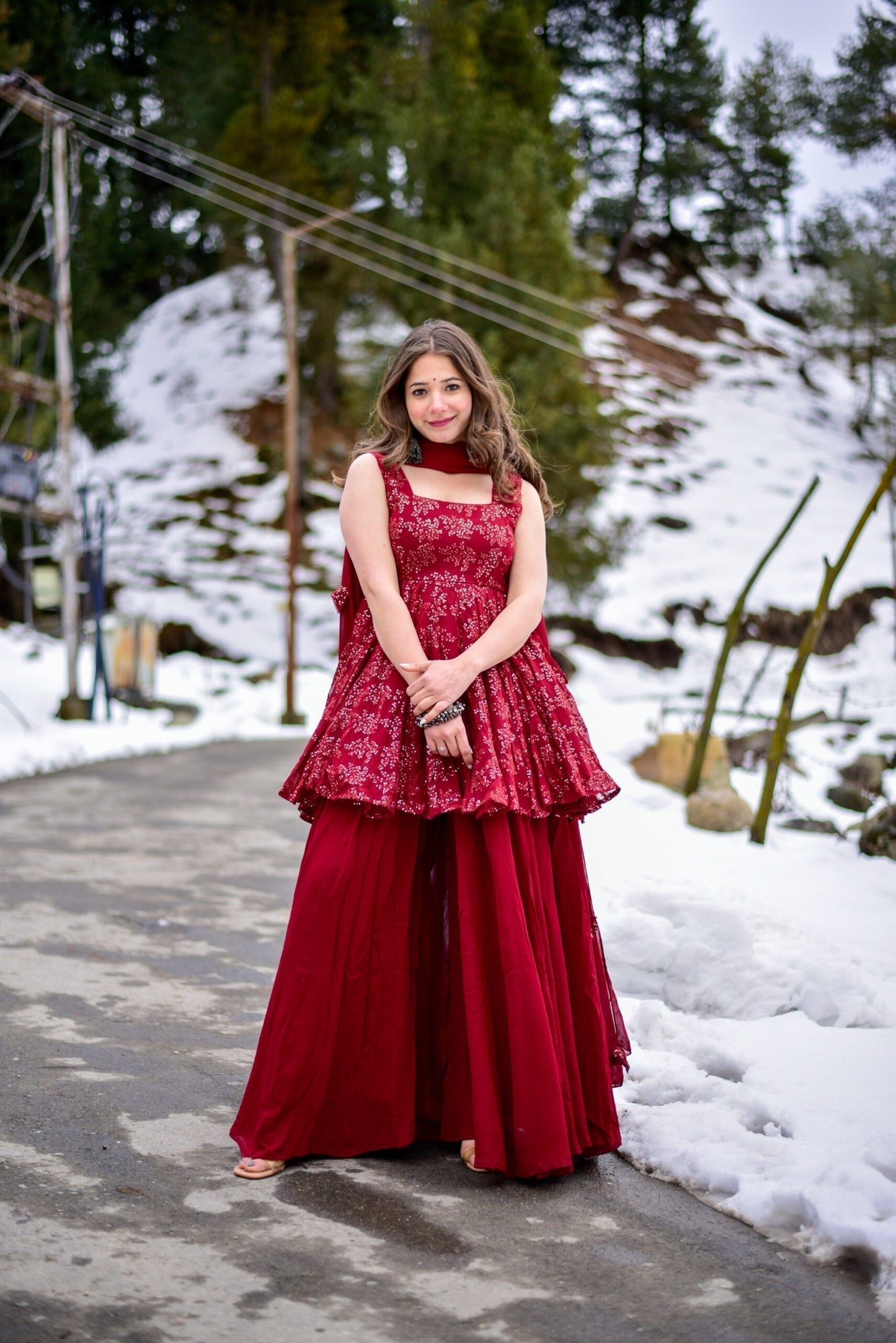 tanaz maroon georgette embroidered kurta sharara set