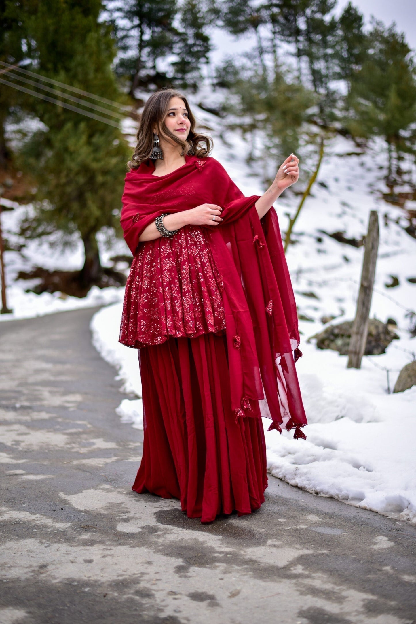tanaz maroon georgette embroidered kurta sharara set