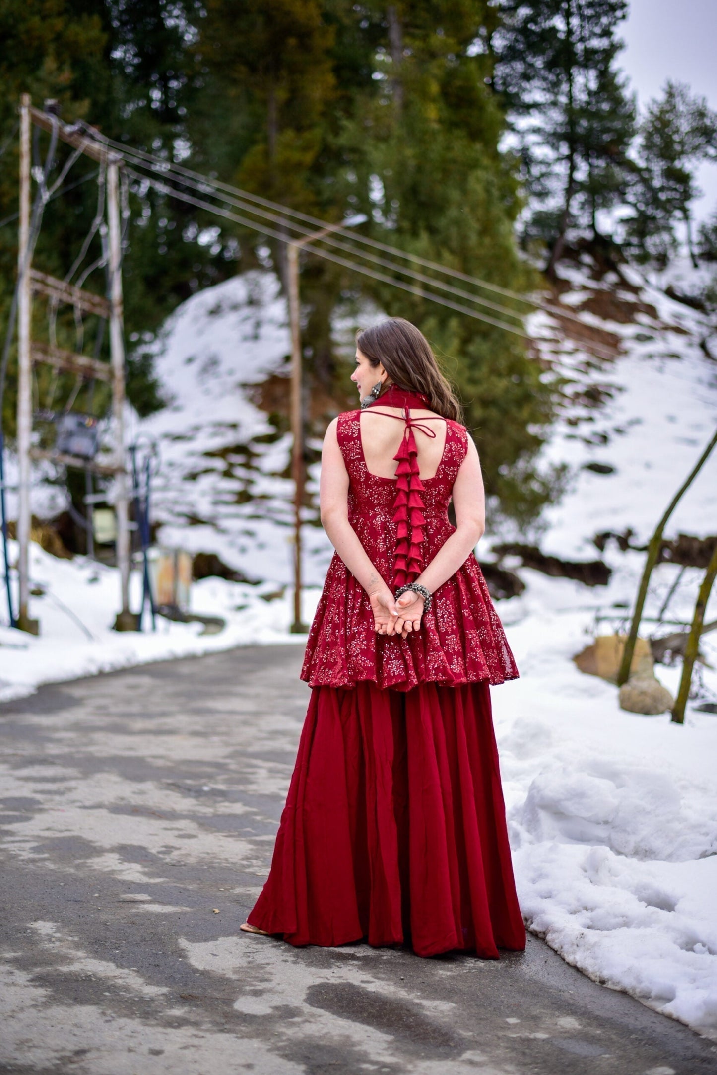 tanaz maroon georgette embroidered kurta sharara set