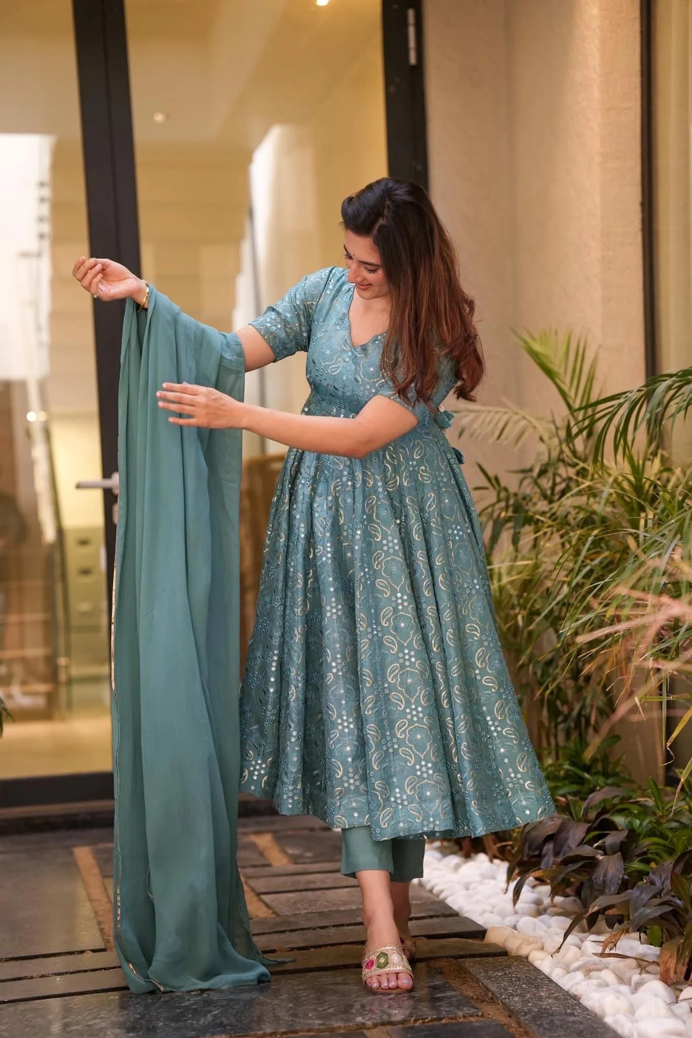 turquoise embroidered suit set