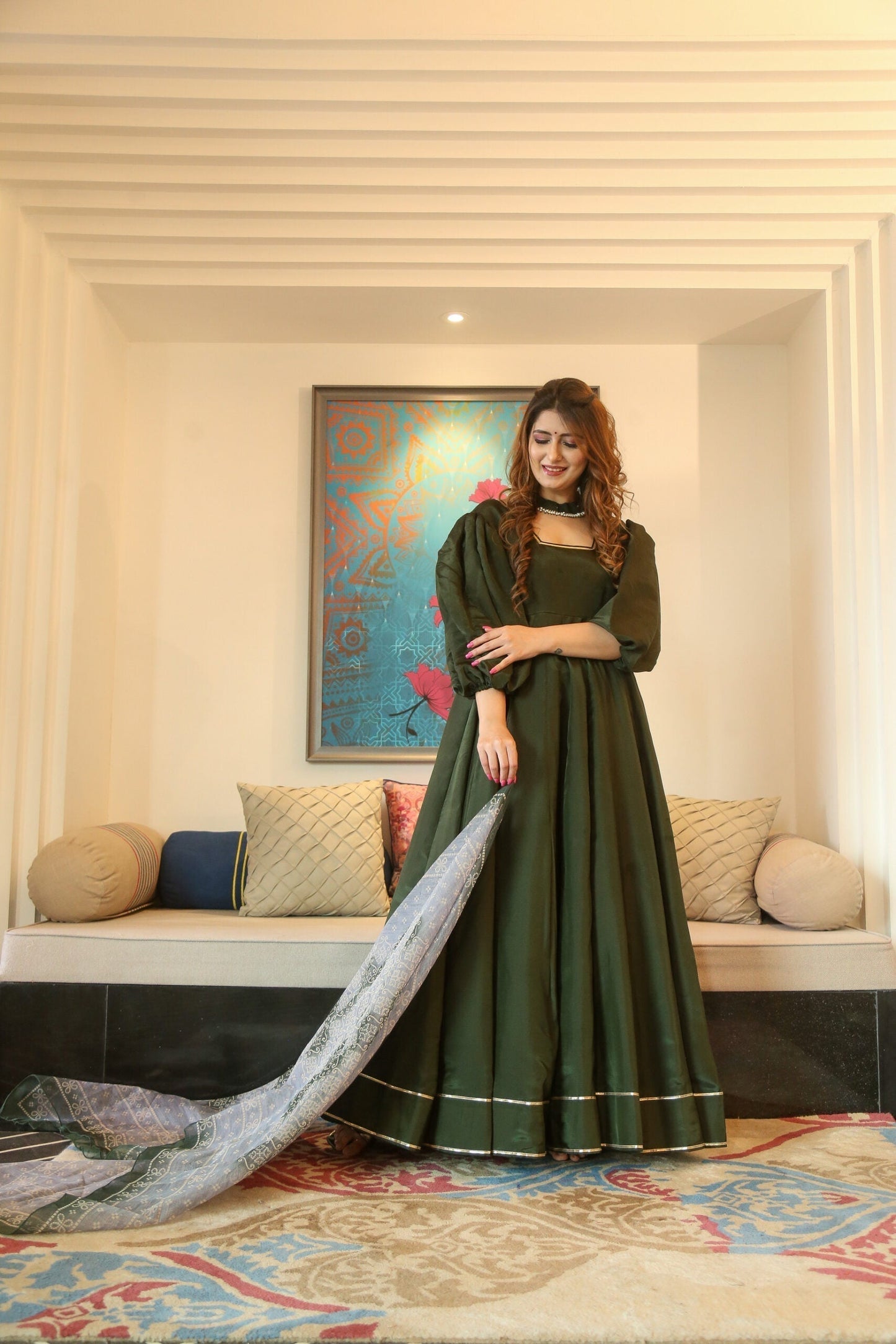 teal green silk maxi set