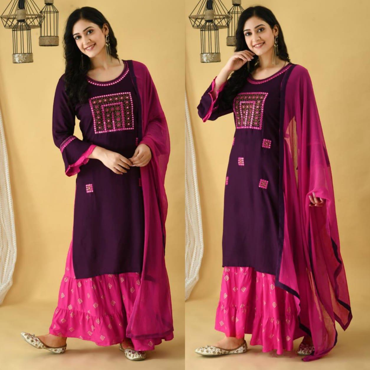 Women's Rayon Embroidery work Kurta With Sharara Dupatta Set