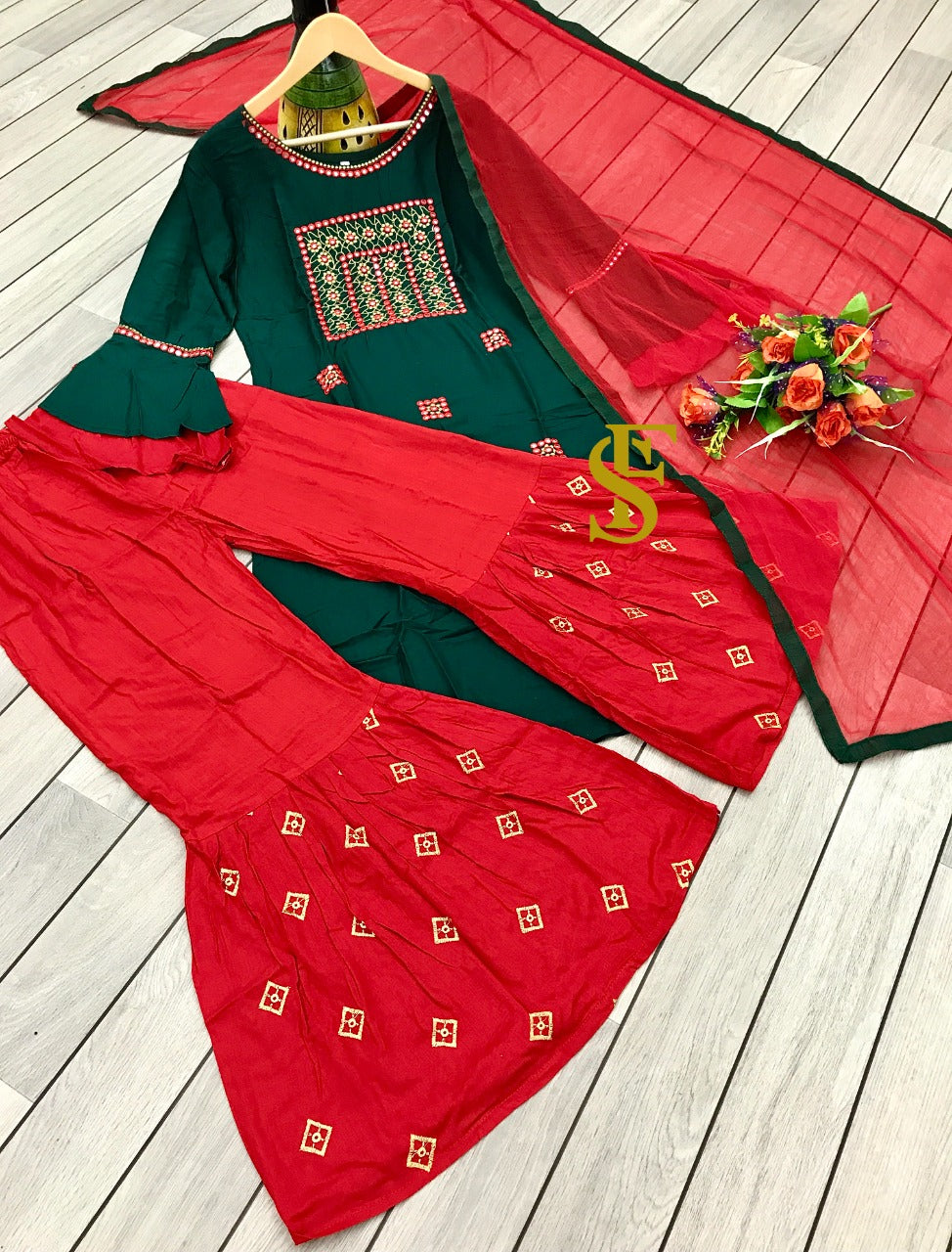 Women's Rayon Embroidery work Kurta With Sharara Dupatta Set