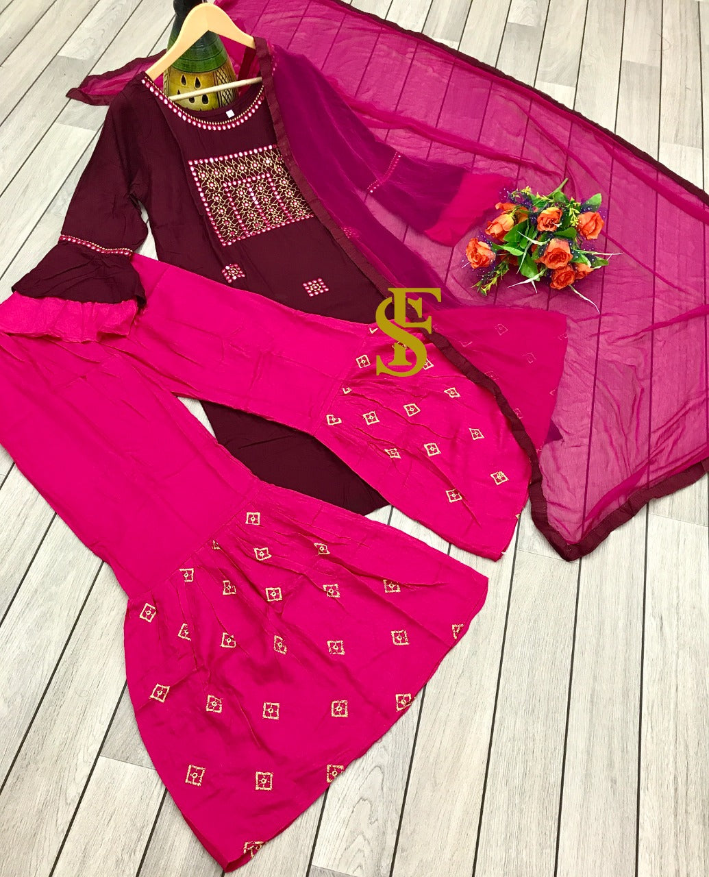 Women's Rayon Embroidery work Kurta With Sharara Dupatta Set