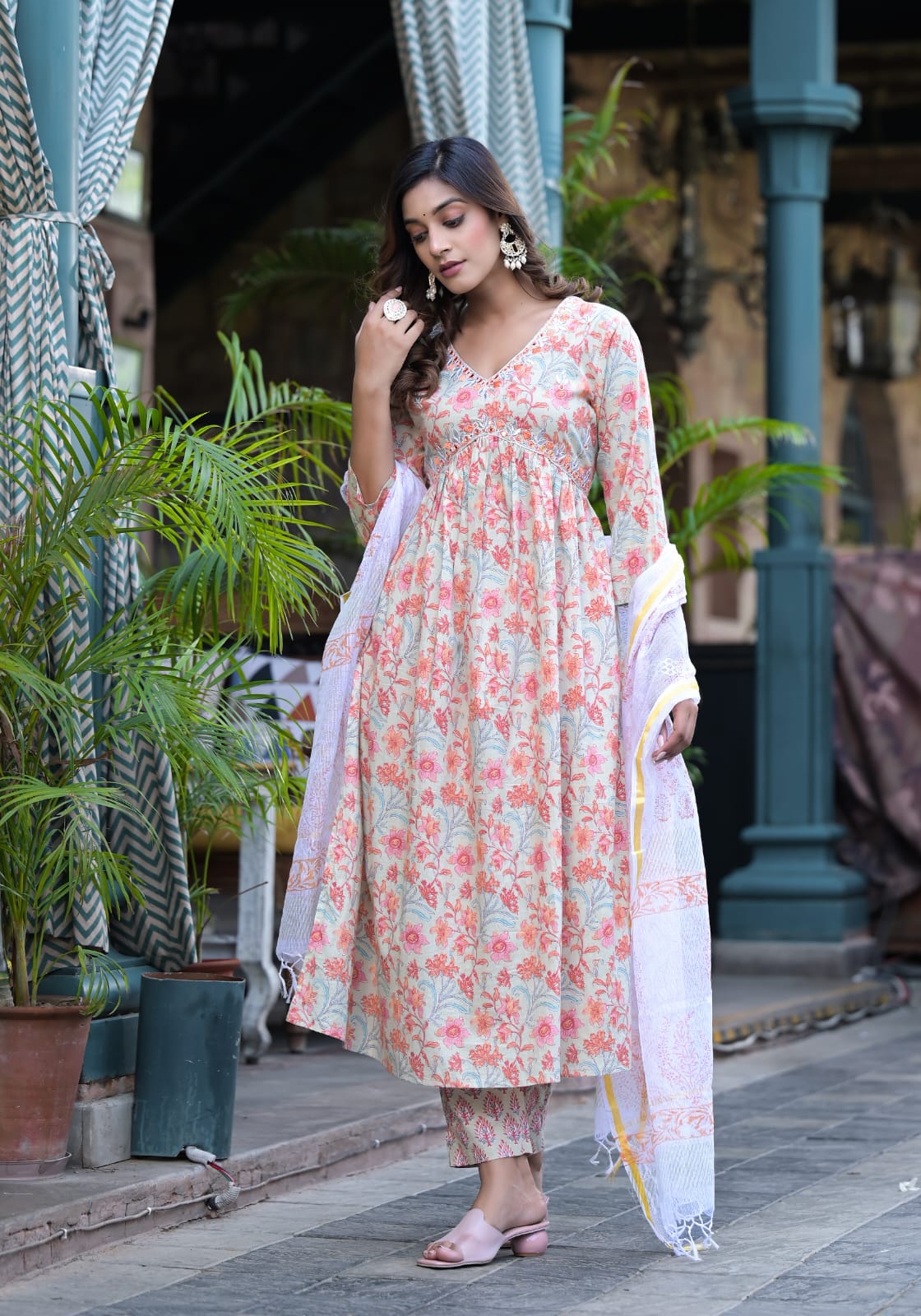 Soothing Orange Floral Premium Cotton Suit Set
