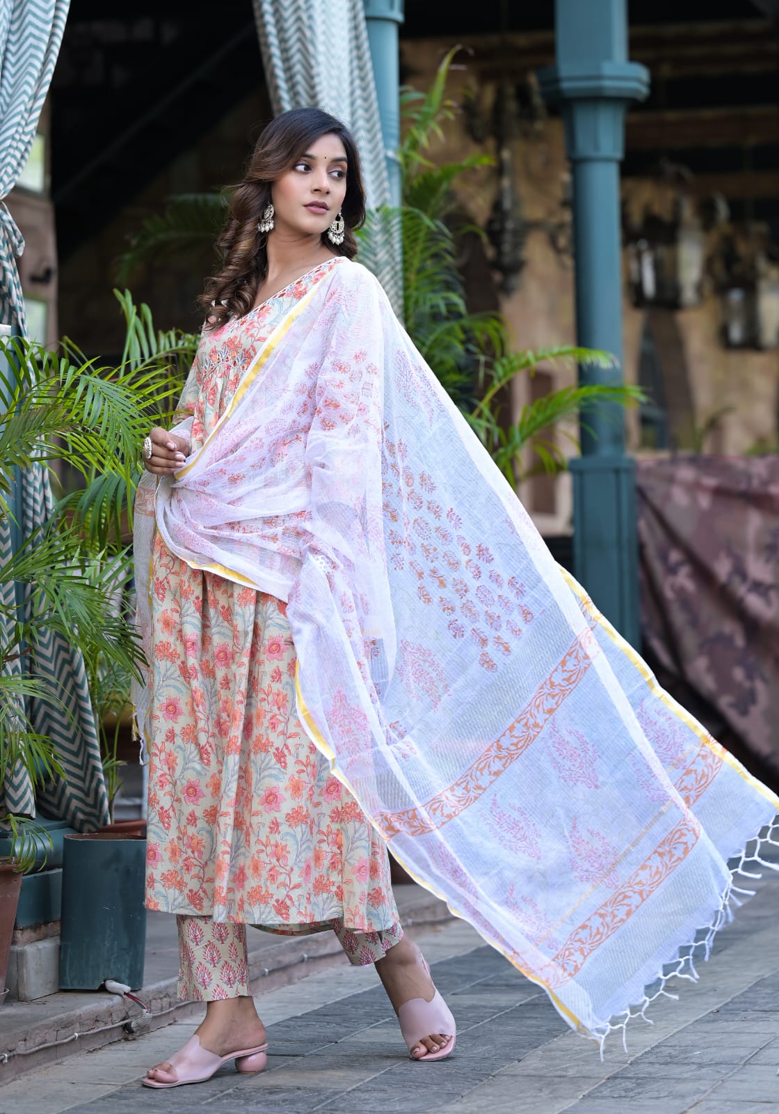 Soothing Orange Floral Premium Cotton Suit Set