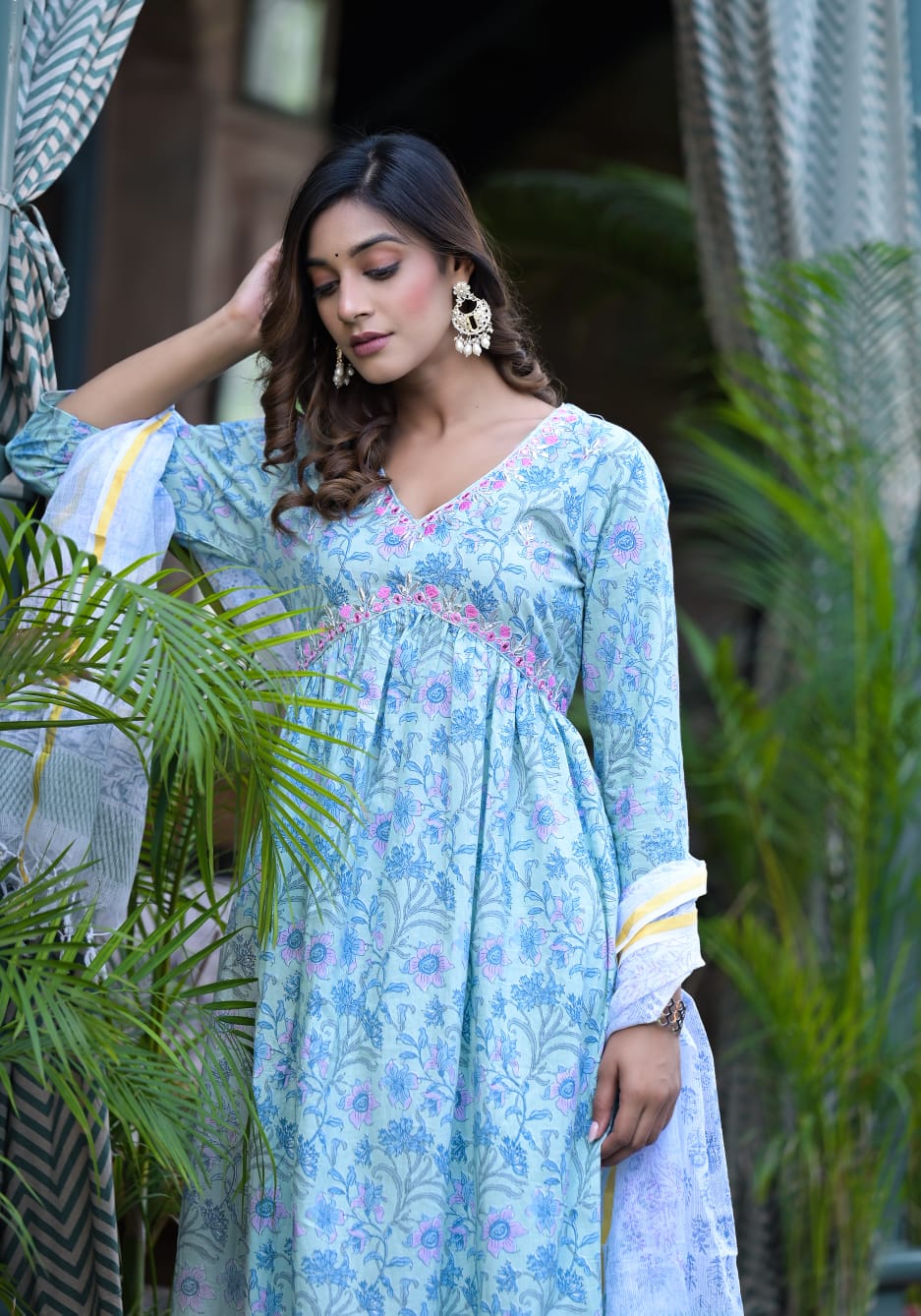 Soothing Floral Premium Cotton Suit Set - Sea Blue