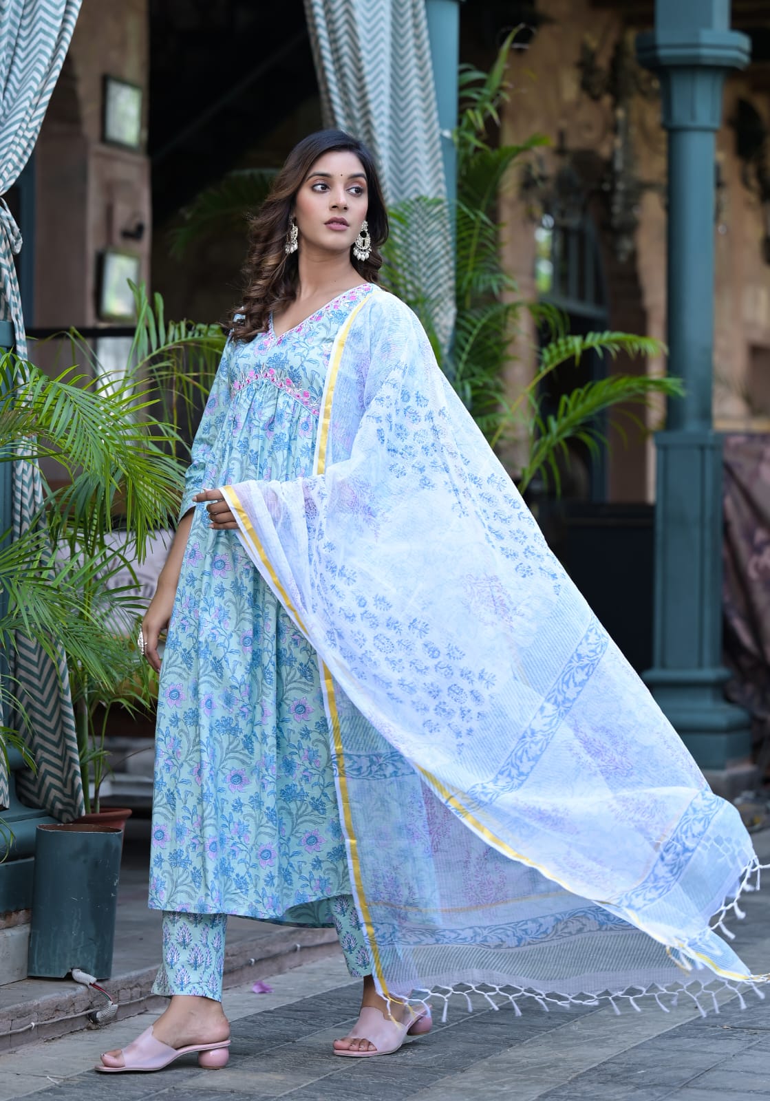 Soothing Floral Premium Cotton Suit Set - Sea Blue