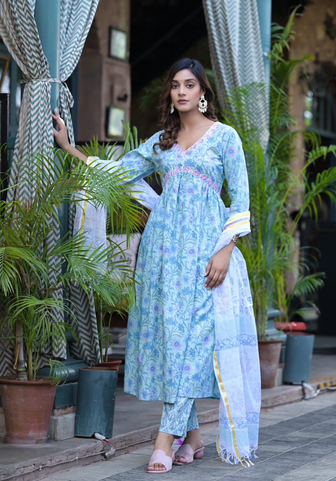 Soothing Floral Premium Cotton Suit Set - Sea Blue
