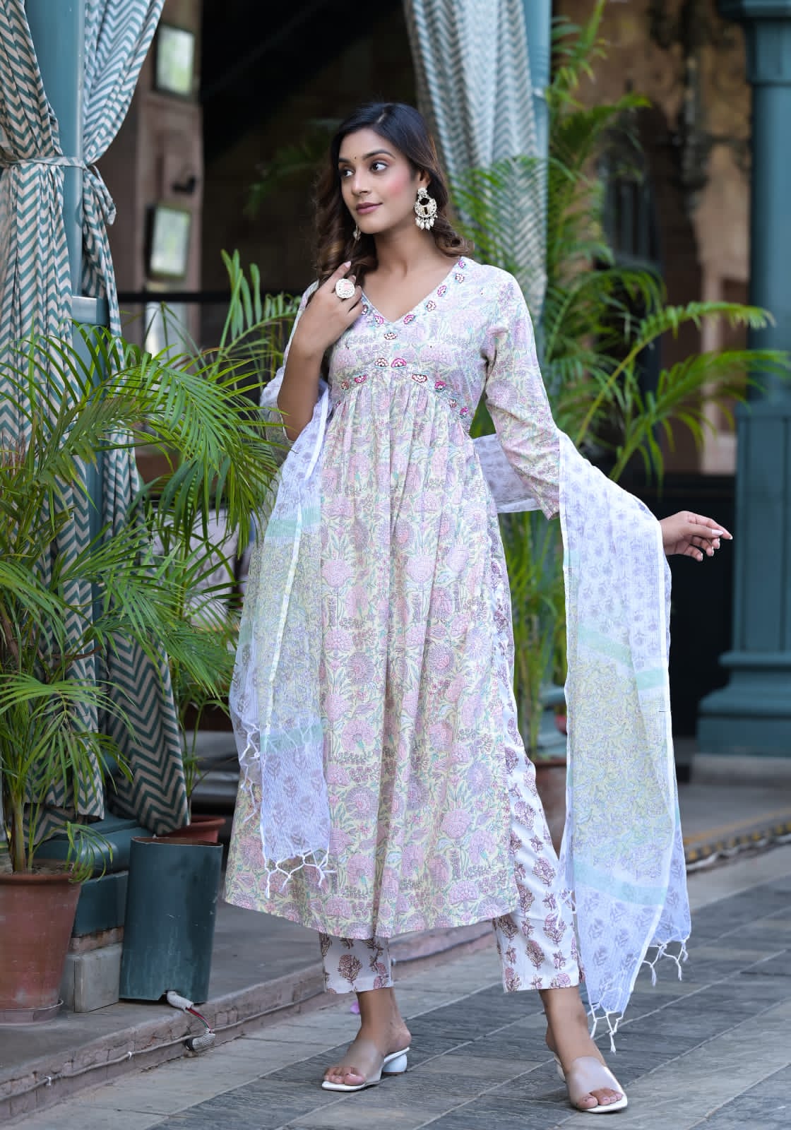 Soothing Floral Premium Cotton Suit Set - Cream Yellow