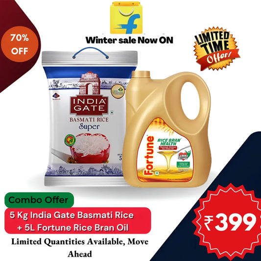 All in One Combo of 2:5Kg India Gate Basmati Rice S uper, 5L Fortune Rice Bran Health