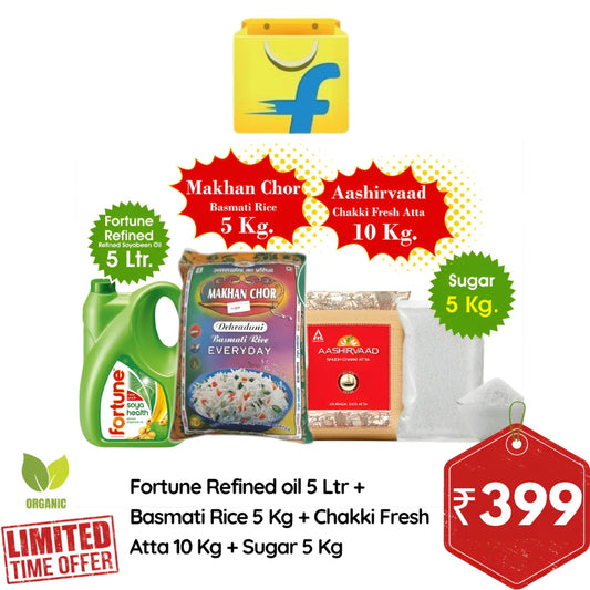 All in One Combo of 4: 5L Fortune Refined Oil, 5Kg M akhan Chor Basmati Rice, 10Kg Aashirvaad Chakki Fre sh Atta, 5Kg Sugar