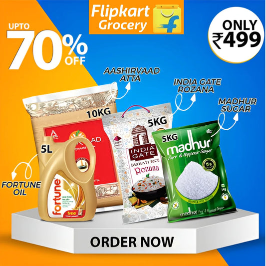 All in One Combo of 4: Fortune Oil, Aashirvaad Atta, I ndia Gate Rozana, Madhur Sugar