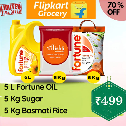 All in One Combo of 3:5L Fortune Oil, 5Kg Sugar, 5Kg Basmati Rice