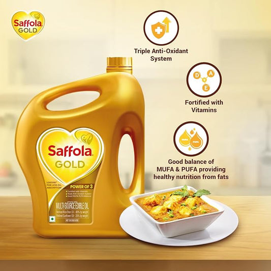 5 Litre Jar + 1L Pouch Saffola Gold Refined Cooking oil | Power of 3 - Balance of Good Fats, Triple Anti-Oxidant System &amp; Fortified with Vitamins | Multi-Source Edible Rice Bran &amp; Sunflower Oil |
