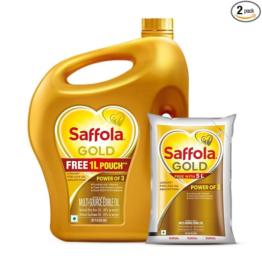 5 Litre Jar + 1L Pouch Saffola Gold Refined Cooking oil | Power of 3 - Balance of Good Fats, Triple Anti-Oxidant System &amp; Fortified with Vitamins | Multi-Source Edible Rice Bran &amp; Sunflower Oil |